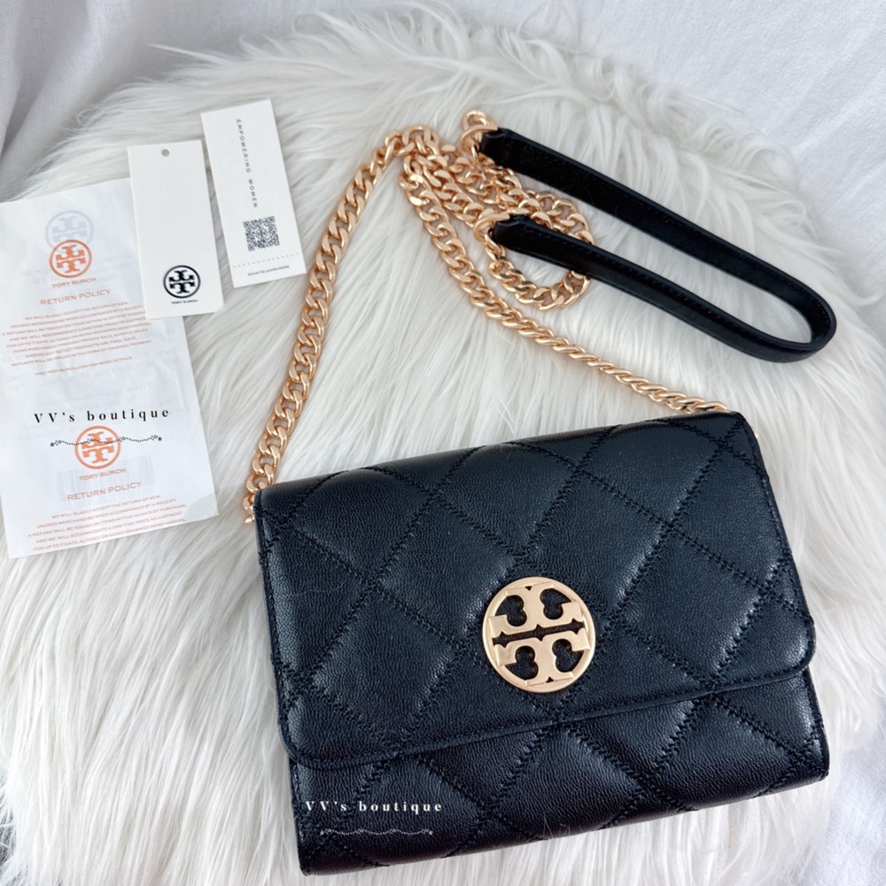NWT Tory Burch Willa Chain Wallet Crossbody Clutch Quilted Leather Black 87867
